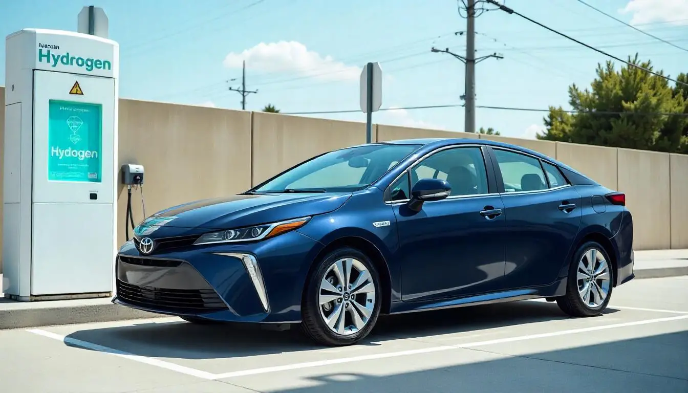 Voiture Toyota Mirai bleue à une station hydrogène, ciel bleu, design futuriste.