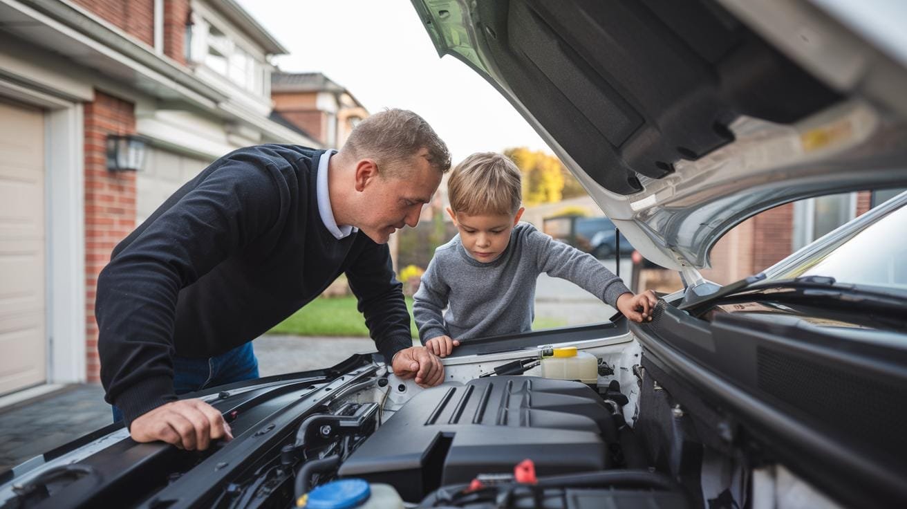 Père et fils penchés sur le moteur d'une voiture dans une allée résidentielle.