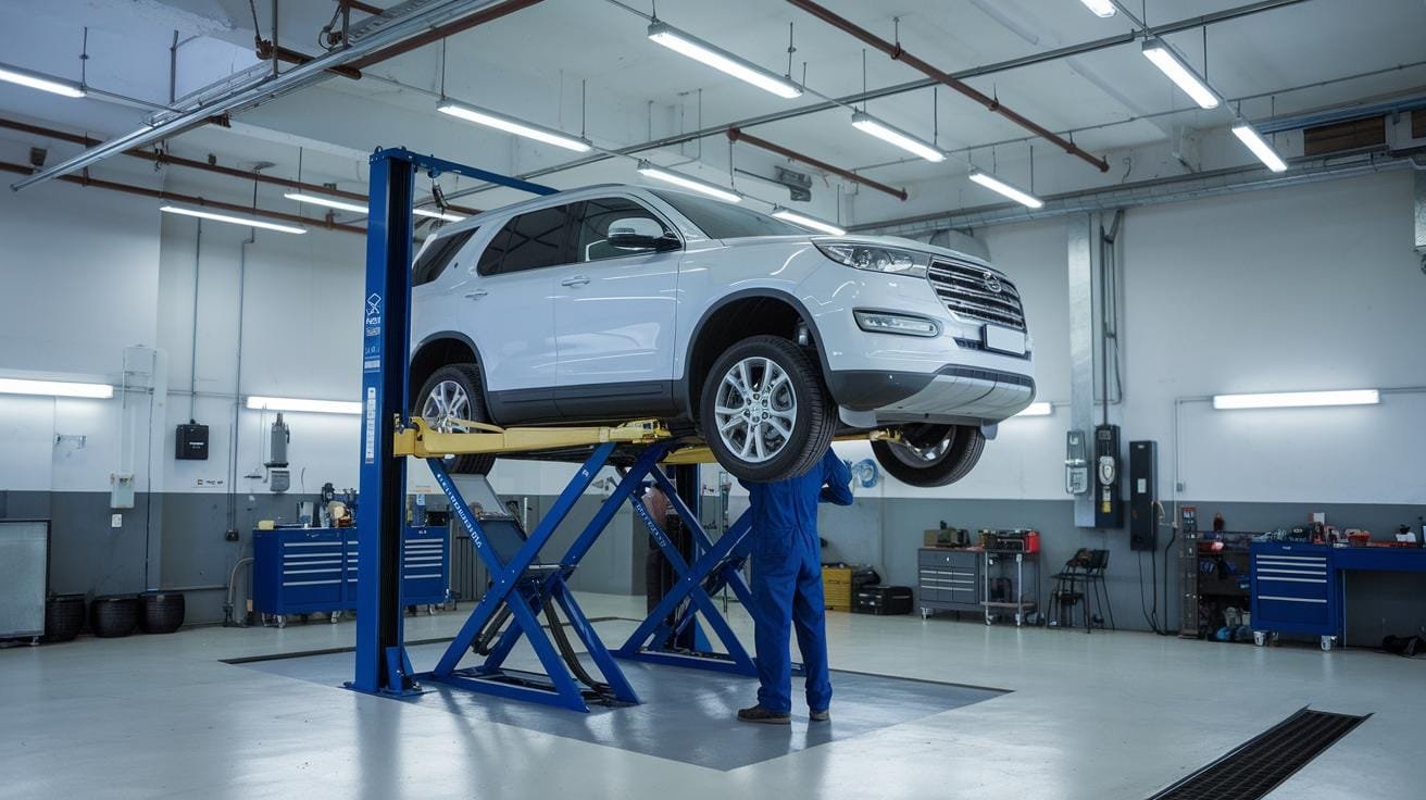 Mécanicien en bleu travaillant sous un SUV blanc d'occasion surélevé sur un pont élévateur dans un garage moderne lumineux