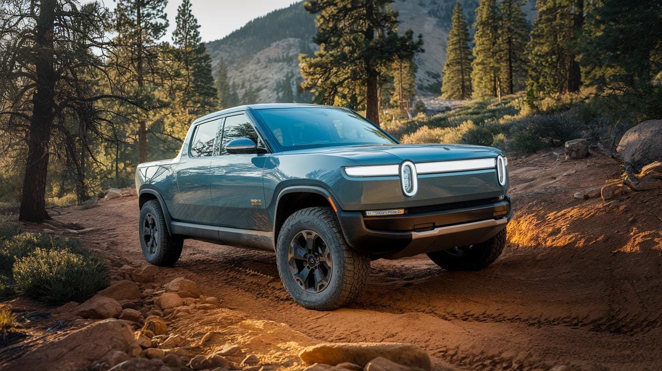 Un Rivian R1 sur piste forestière. Lumière dorée filtre à travers pins. Carrosserie bleue boueuse.