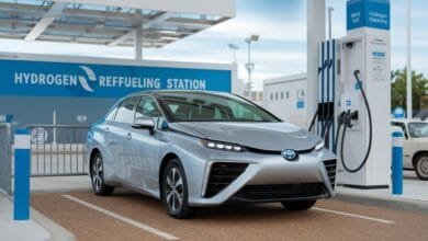 Une Toyota Mirai à station hydrogène, design futuriste, panneau visible, sur gravier, autres voitures proches.