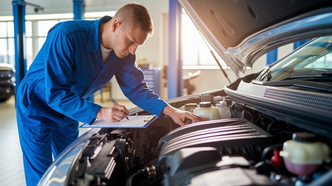 Un mécanicien en combinaison bleue examine le moteur d'une voiture tout en prenant des notes sur son bloc-notes.