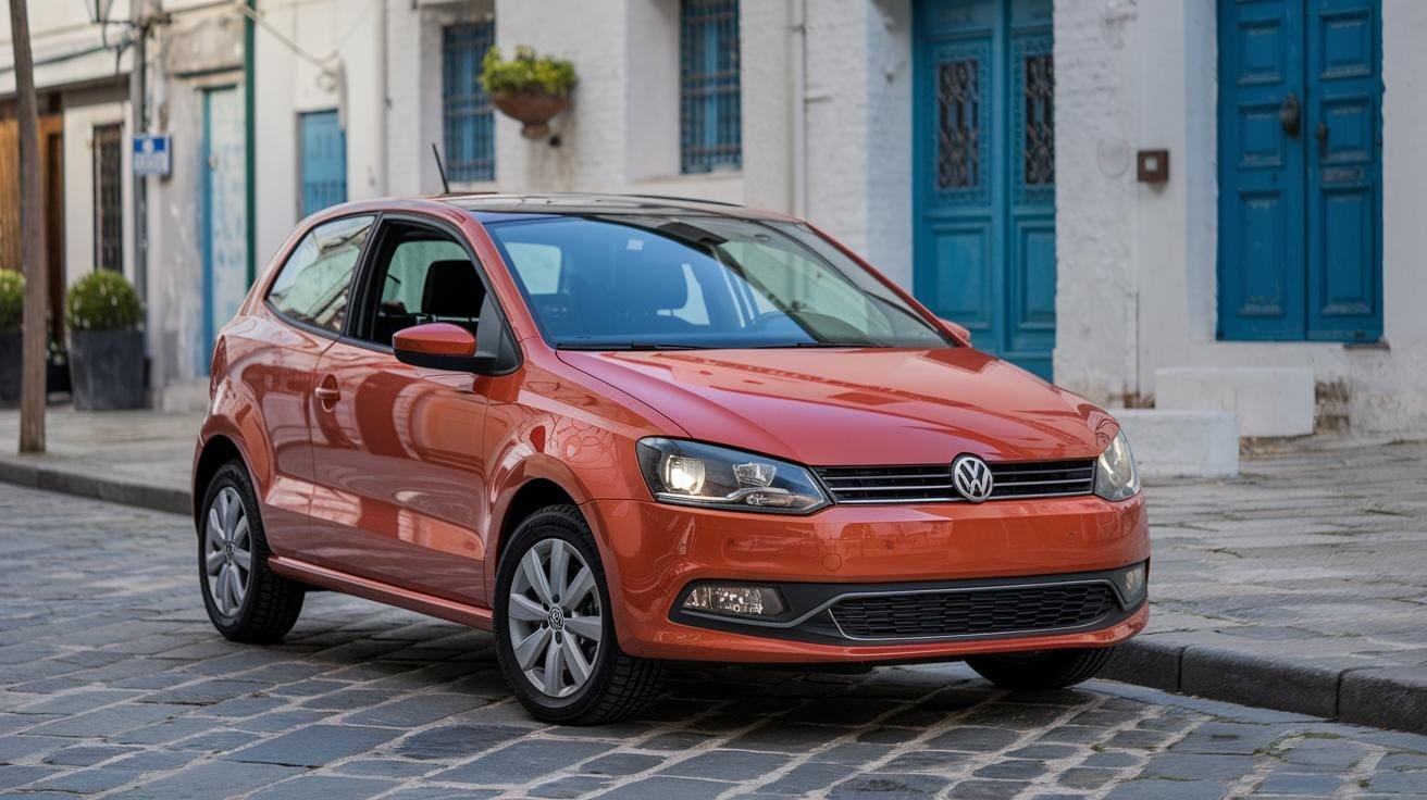 Une Volkswagen Polo 2013 orange stationnée sur une rue pavée, avec des portes et fenêtres bleues en arrière-plan.