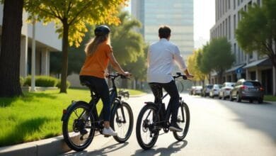 Deux personnes roulent en vélos électriques dans une ville verdoyante, profitant d'une belle journée ensoleillée.