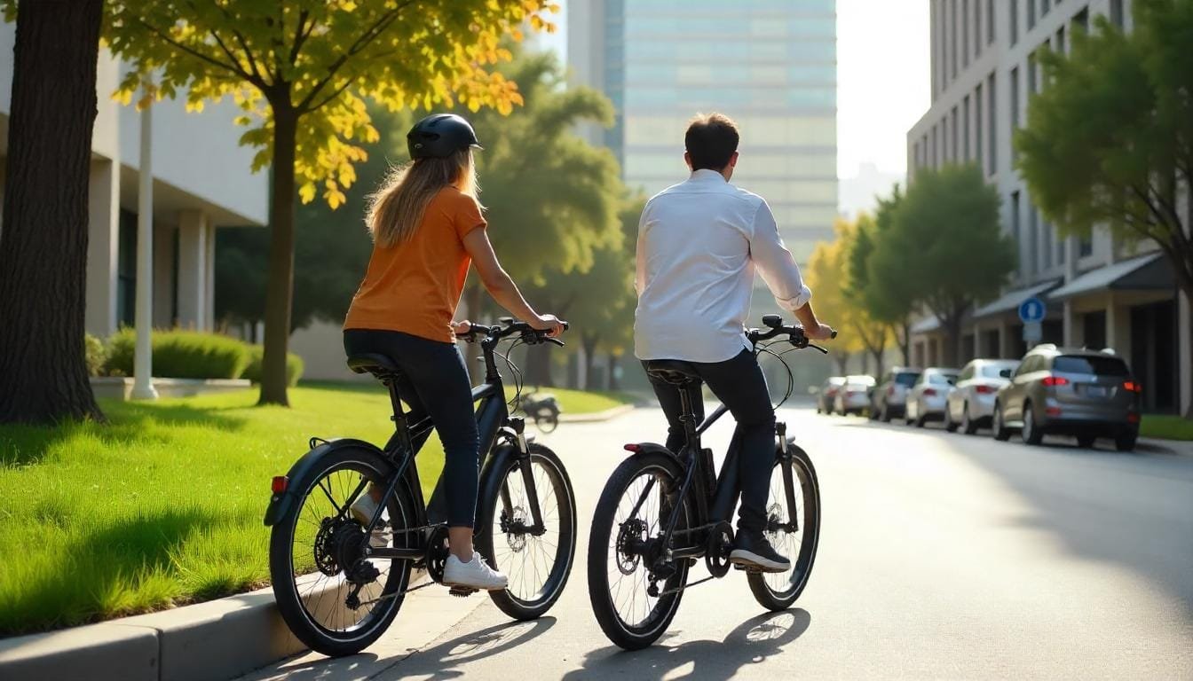 Deux personnes roulent en vélos électriques dans une ville verdoyante, profitant d'une belle journée ensoleillée.