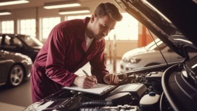 Un mécanicien en combinaison bleue examine un moteur, écrivant sur son carnet.