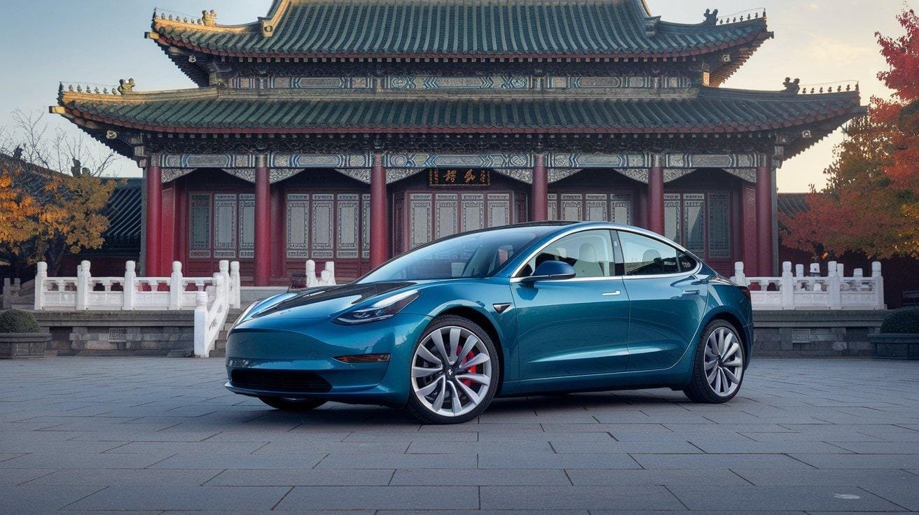 Une Tesla Model 3 devant un temple chinois traditionnel.