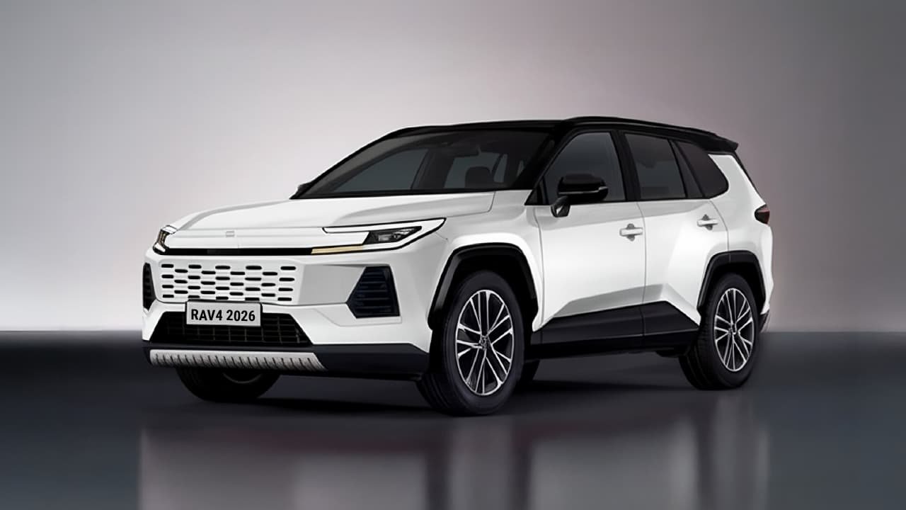 Toyota RAV4 2026 : SUV futuriste blanc, design angulaire, calandre moderne, toit noir, lignes dynamiques.